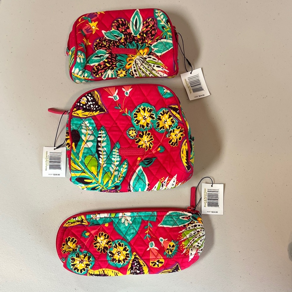 Vera Bradley Rumba Red Floral Cosmetic 3 Bag Set NEW